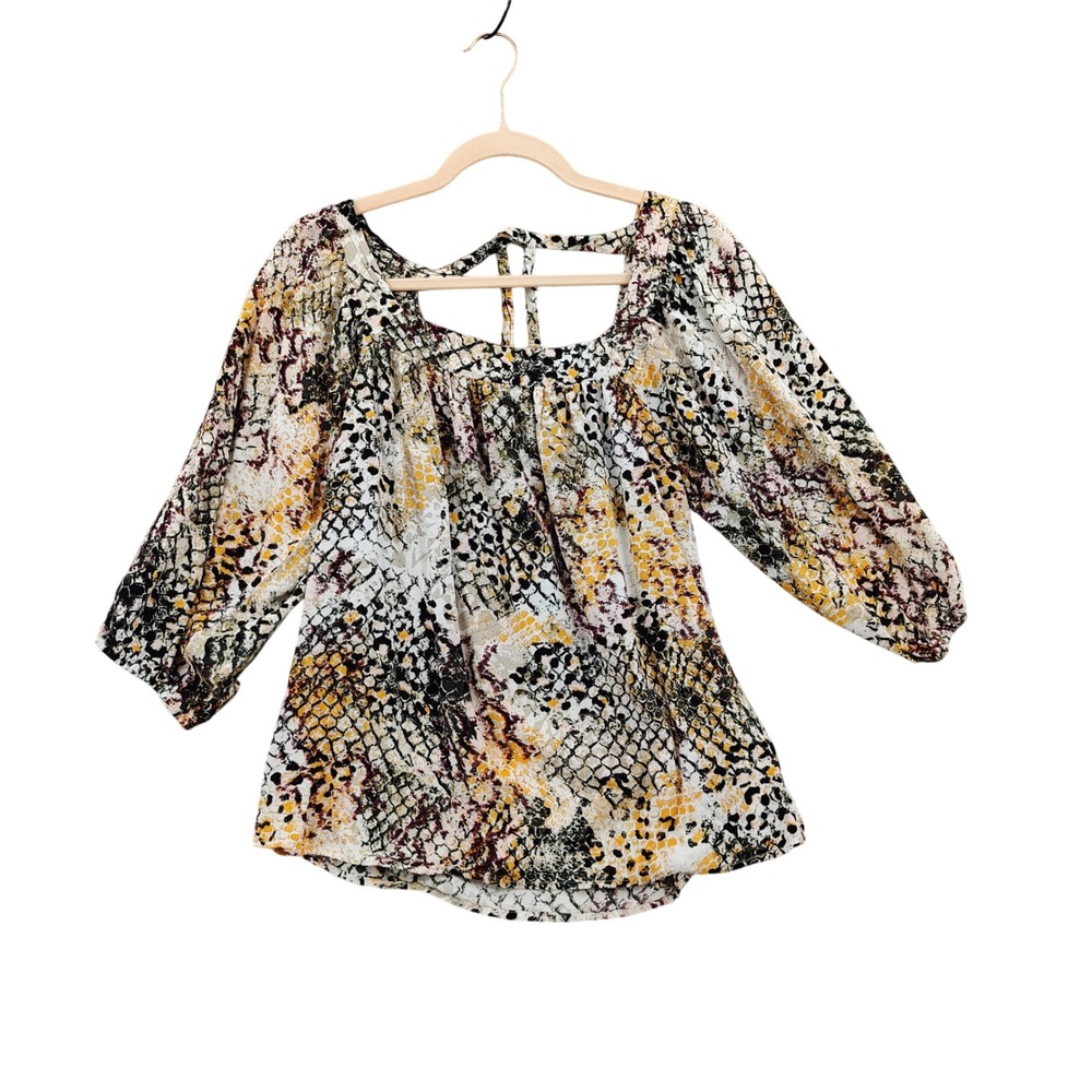 Savanna Jane Womens Boho Chic Animal Peasant Top L Multicolor Snakeskin Blouse